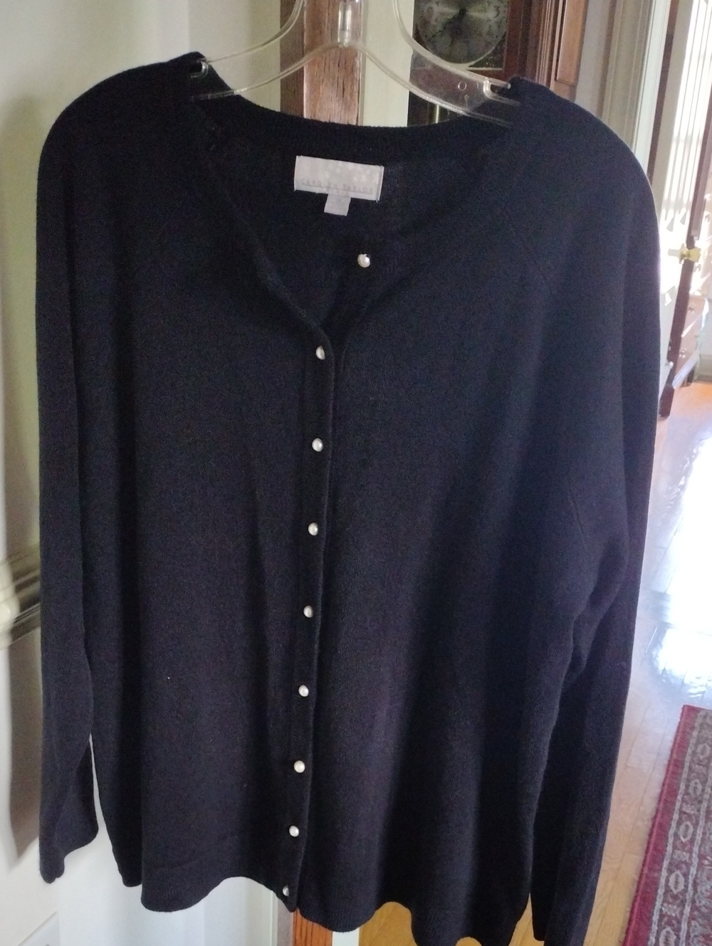 Carolyn Taylor Black Crewneck Thin Cardigan with Pearl Buttons